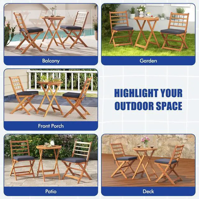 Alt view image 7 of 7 - SlickBlue 3 Pieces Acacia Wood Patio Bistro Set with Cushions