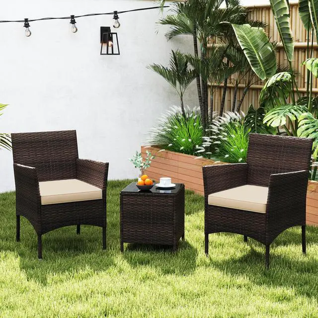 Alt view image 2 of 7 - SlickBlue 3 Pieces Outdoor Conversation Set with Cushioned Seat and Glass Tabletop