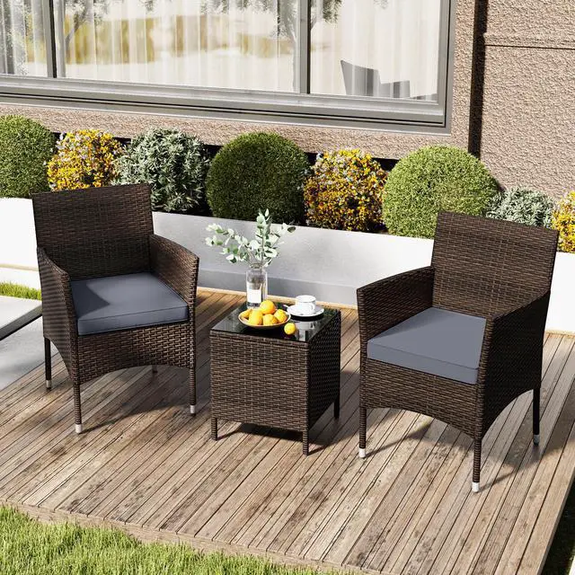 Alt view image 3 of 7 - SlickBlue 3 Pieces Outdoor Conversation Set with Cushioned Seat and Glass Tabletop