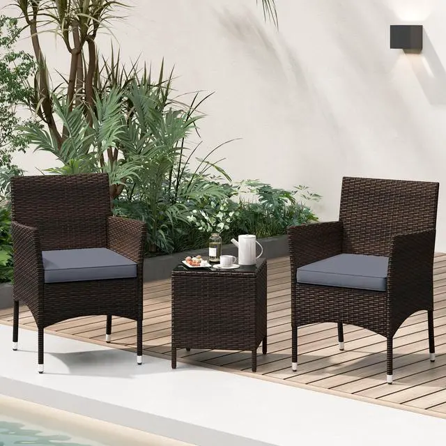 Alt view image 2 of 7 - SlickBlue 3 Pieces Outdoor Conversation Set with Cushioned Seat and Glass Tabletop