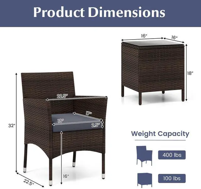 Alt view image 5 of 7 - SlickBlue 3 Pieces Outdoor Conversation Set with Cushioned Seat and Glass Tabletop