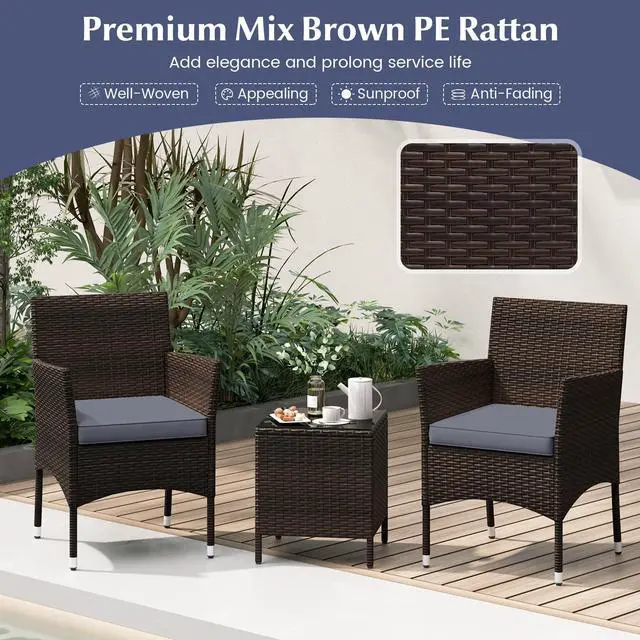 Alt view image 6 of 7 - SlickBlue 3 Pieces Outdoor Conversation Set with Cushioned Seat and Glass Tabletop