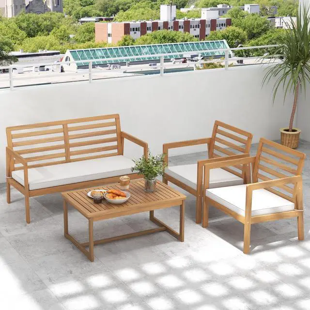 Alt view image 2 of 7 - SlickBlue 4 Piece Wood Patio Conversation Set with 2 Armchairs and Coffee Table
