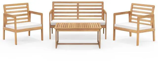 Main image of SlickBlue 4 Piece Wood Patio Conversation Set with 2 Armchairs and Coffee Table