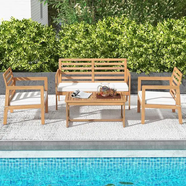 Alt view image 3 of 7 - SlickBlue 4 Piece Wood Patio Conversation Set with 2 Armchairs and Coffee Table