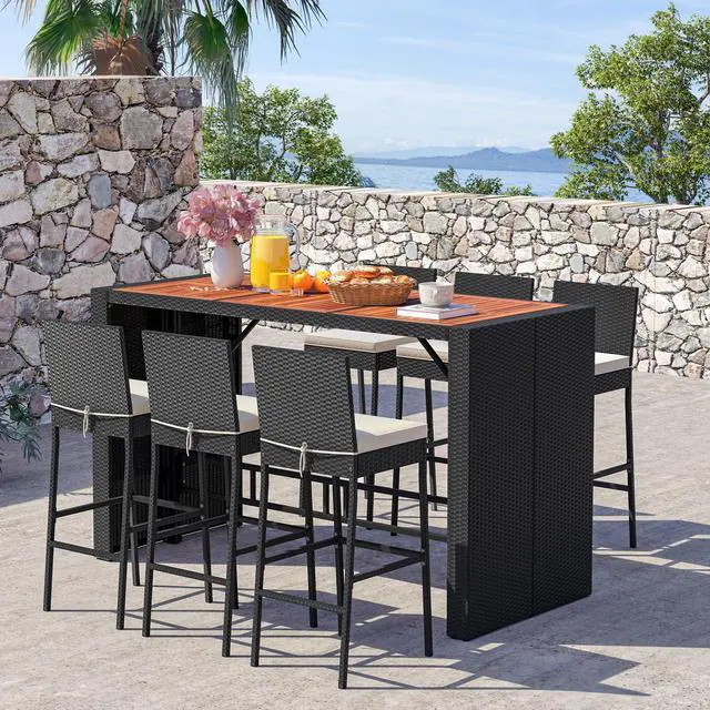 Alt view image 2 of 7 - SlickBlue 7 Pieces Patio Rattan Bar Set with Seat Cushions for Porch Yard Garden