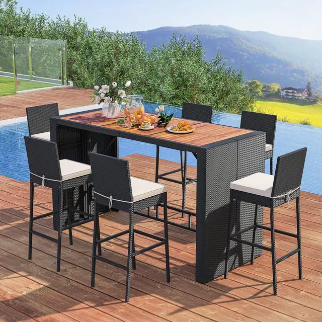 Alt view image 3 of 7 - SlickBlue 7 Pieces Patio Rattan Bar Set with Seat Cushions for Porch Yard Garden