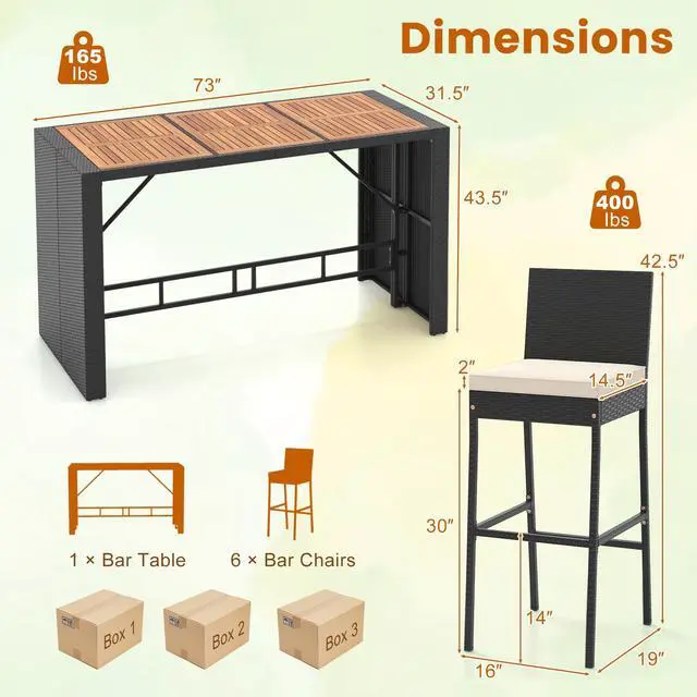 Alt view image 5 of 7 - SlickBlue 7 Pieces Patio Rattan Bar Set with Seat Cushions for Porch Yard Garden