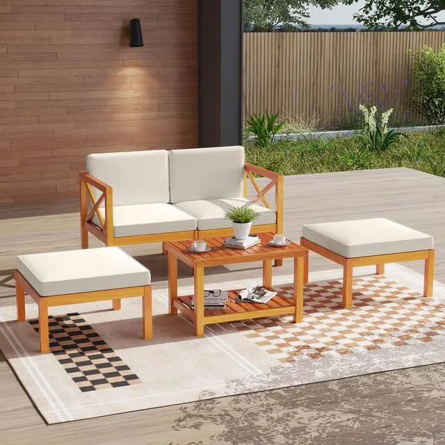 Alt view image 2 of 7 - SlickBlue 5 Pieces Acacia Wood Patio Lounge Chair Set with Ottomans and Cushions