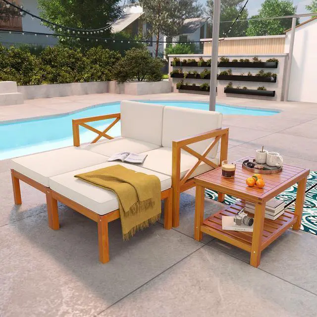 Alt view image 3 of 7 - SlickBlue 5 Pieces Acacia Wood Patio Lounge Chair Set with Ottomans and Cushions