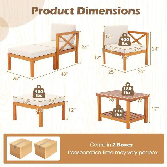 Alt view image 5 of 7 - SlickBlue 5 Pieces Acacia Wood Patio Lounge Chair Set with Ottomans and Cushions