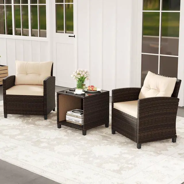 Alt view image 2 of 7 - SlickBlue 3 Piece Patio Sofa Set Wicker Chairs and Coffee Table with Storage
