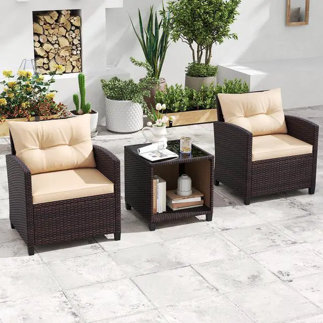 Alt view image 3 of 7 - SlickBlue 3 Piece Patio Sofa Set Wicker Chairs and Coffee Table with Storage