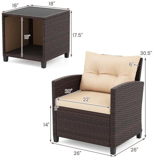 Alt view image 5 of 7 - SlickBlue 3 Piece Patio Sofa Set Wicker Chairs and Coffee Table with Storage