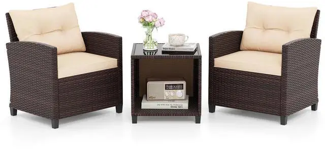 Alt view image 4 of 7 - SlickBlue 3 Piece Patio Sofa Set Wicker Chairs and Coffee Table with Storage