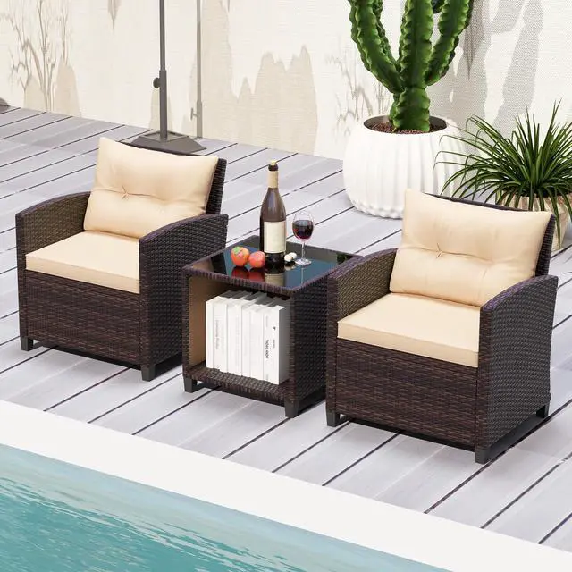 Alt view image 6 of 7 - SlickBlue 3 Piece Patio Sofa Set Wicker Chairs and Coffee Table with Storage