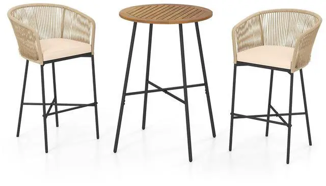 Main image of SlickBlue 3 Pieces Rope Woven Patio Bar Set with Soft Cushions and Acacia Wood Tabletop