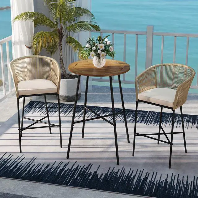 Alt view image 2 of 7 - SlickBlue 3 Pieces Rope Woven Patio Bar Set with Soft Cushions and Acacia Wood Tabletop