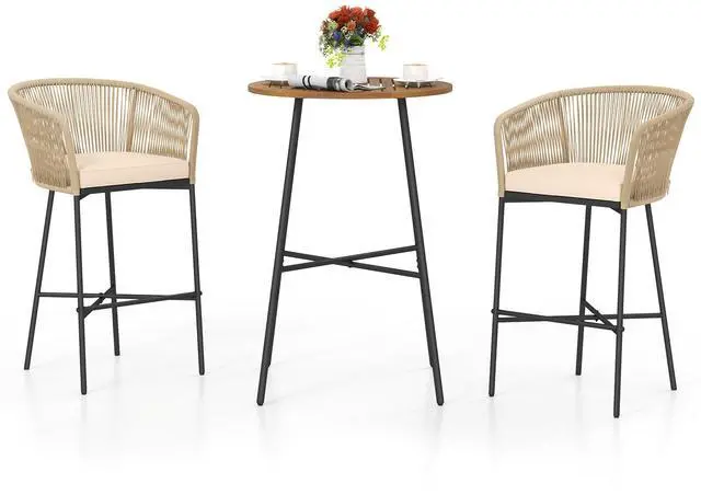 Alt view image 4 of 7 - SlickBlue 3 Pieces Rope Woven Patio Bar Set with Soft Cushions and Acacia Wood Tabletop