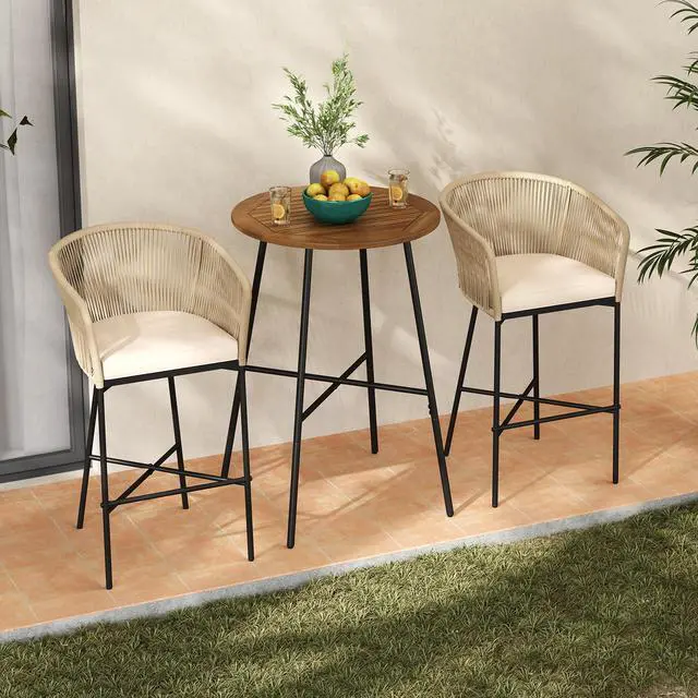 Alt view image 3 of 7 - SlickBlue 3 Pieces Rope Woven Patio Bar Set with Soft Cushions and Acacia Wood Tabletop