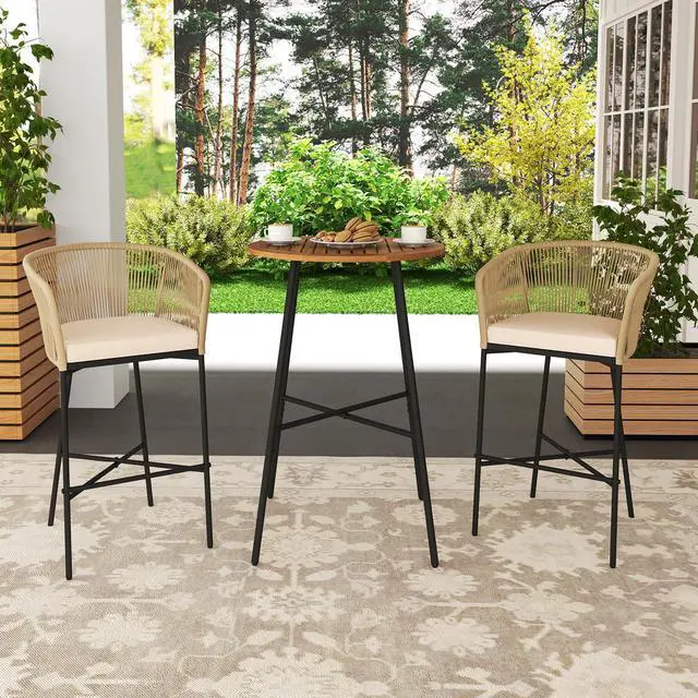 Alt view image 6 of 7 - SlickBlue 3 Pieces Rope Woven Patio Bar Set with Soft Cushions and Acacia Wood Tabletop