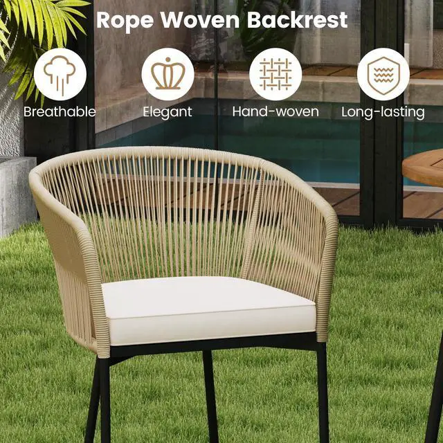 Alt view image 7 of 7 - SlickBlue 3 Pieces Rope Woven Patio Bar Set with Soft Cushions and Acacia Wood Tabletop