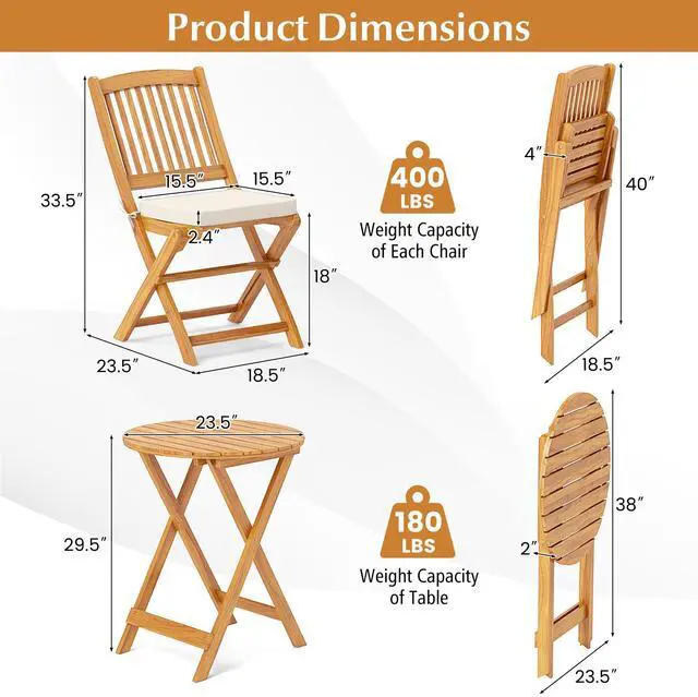 Alt view image 5 of 7 - SlickBlue 3 Pieces Acacia Wood Patio Folding Bistro Set with Soft Cushions-Beige