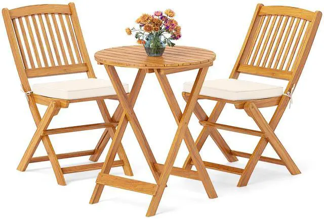 Alt view image 4 of 7 - SlickBlue 3 Pieces Acacia Wood Patio Folding Bistro Set with Soft Cushions-Beige