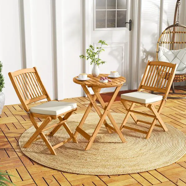 Alt view image 2 of 7 - SlickBlue 3 Pieces Acacia Wood Patio Folding Bistro Set with Soft Cushions-Beige