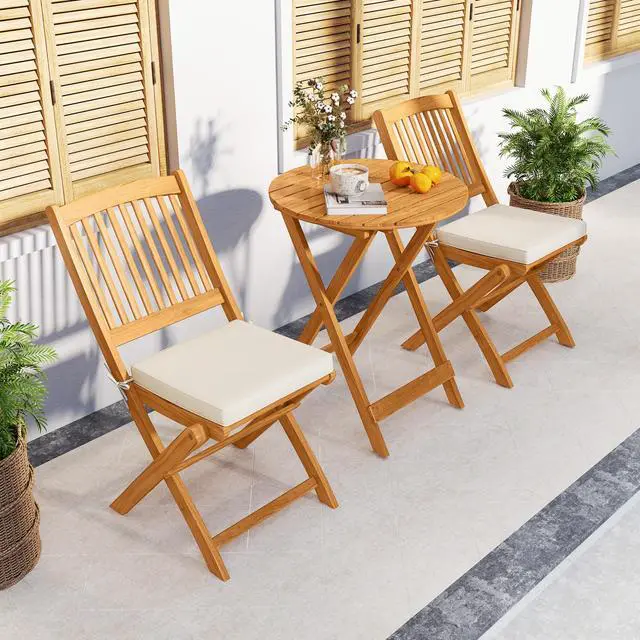 Alt view image 6 of 7 - SlickBlue 3 Pieces Acacia Wood Patio Folding Bistro Set with Soft Cushions-Beige