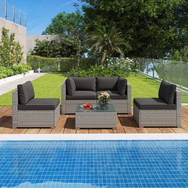 Alt view image 2 of 7 - SlickBlue 5-Piece Outdoor Patio Sectional Sofa Couch and Glass Coffee Table with Cushions