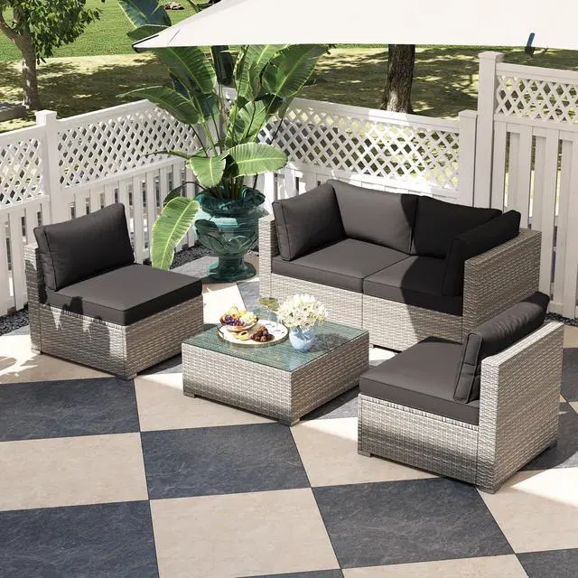 Alt view image 3 of 7 - SlickBlue 5-Piece Outdoor Patio Sectional Sofa Couch and Glass Coffee Table with Cushions