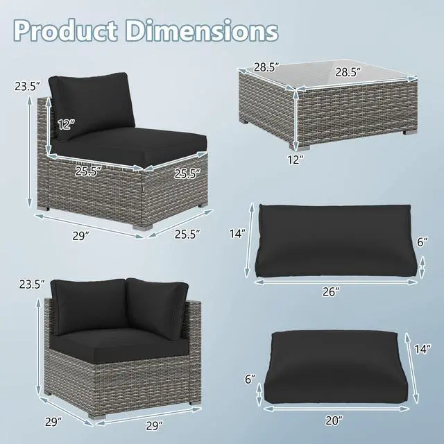 Alt view image 5 of 7 - SlickBlue 5-Piece Outdoor Patio Sectional Sofa Couch and Glass Coffee Table with Cushions