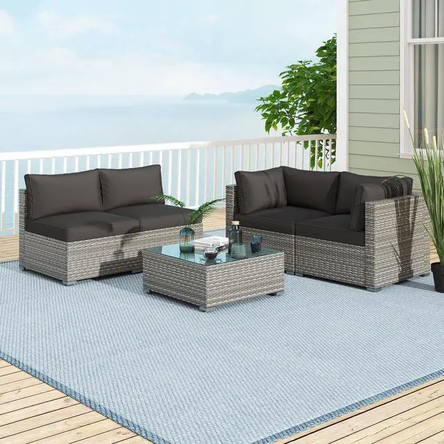 Alt view image 6 of 7 - SlickBlue 5-Piece Outdoor Patio Sectional Sofa Couch and Glass Coffee Table with Cushions