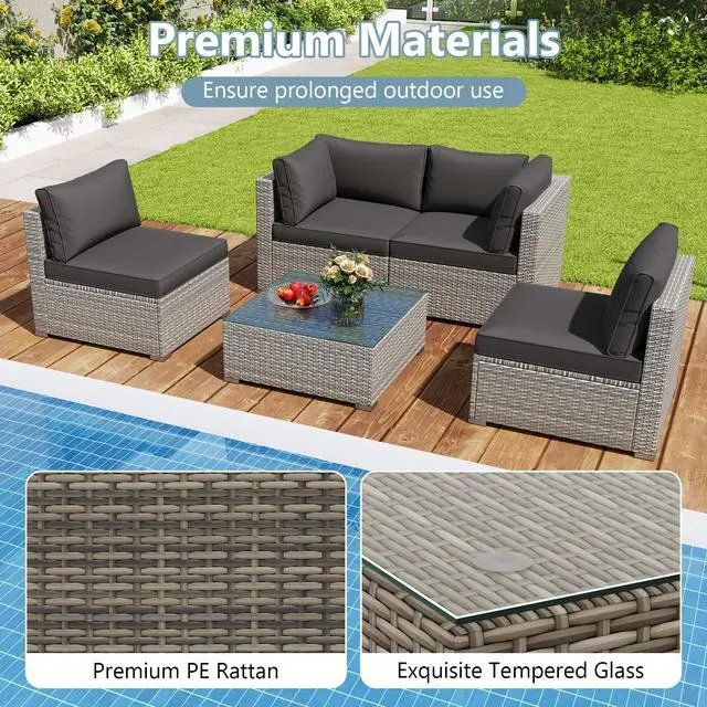 Alt view image 7 of 7 - SlickBlue 5-Piece Outdoor Patio Sectional Sofa Couch and Glass Coffee Table with Cushions