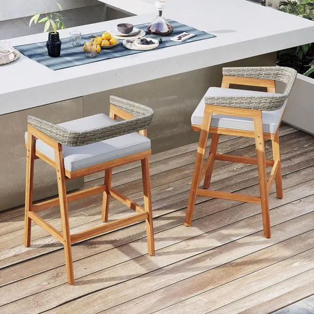 Alt view image 2 of 7 - SlickBlue Set of 2 Patio Acacia Wood Counter Height Bar Stools with Cushions and PE Wicker Backrests Footrests