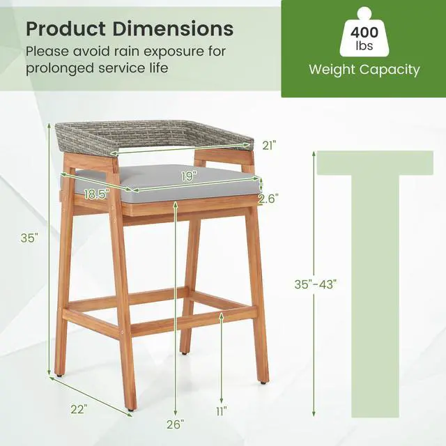 Alt view image 4 of 7 - SlickBlue Set of 2 Patio Acacia Wood Counter Height Bar Stools with Cushions and PE Wicker Backrests Footrests