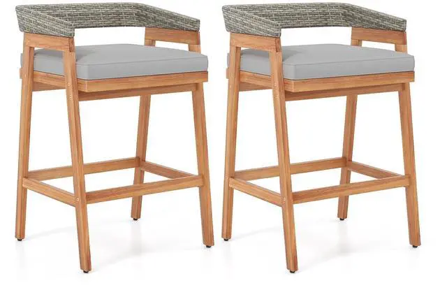 Main image of SlickBlue Set of 2 Patio Acacia Wood Counter Height Bar Stools with Cushions and PE Wicker Backrests Footrests
