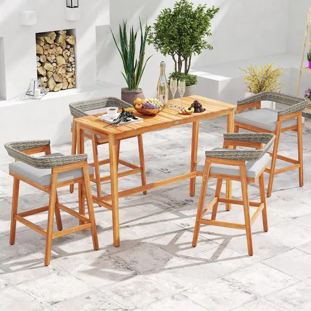 Alt view image 5 of 7 - SlickBlue Set of 2 Patio Acacia Wood Counter Height Bar Stools with Cushions and PE Wicker Backrests Footrests