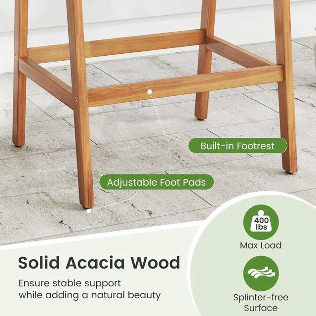 Alt view image 7 of 7 - SlickBlue Set of 2 Patio Acacia Wood Counter Height Bar Stools with Cushions and PE Wicker Backrests Footrests