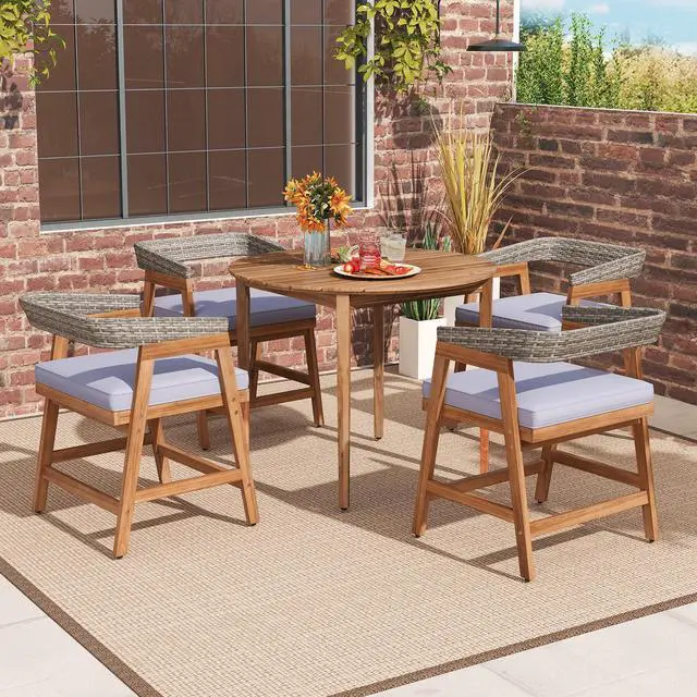 Alt view image 5 of 7 - SlickBlue Outdoor Acacia Wood Patio Wicker Dining Chairs Set of 4 with Seat Cushion