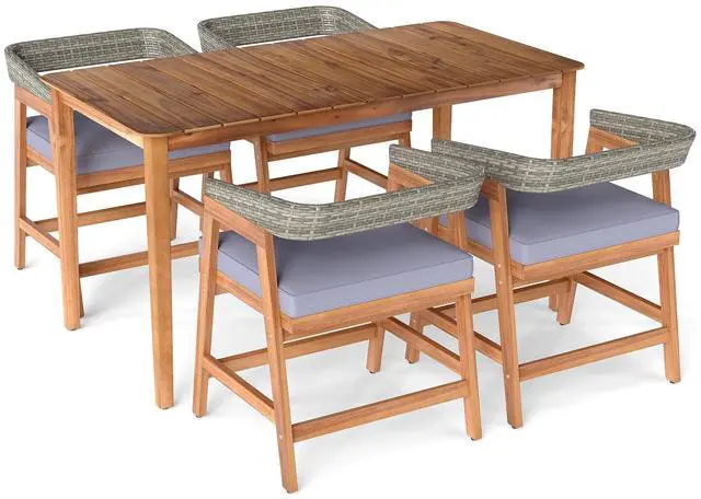 Main image of SlickBlue 5 Piece Patio Dining Set Solid Wood with Rattan Backrest and Cushions
