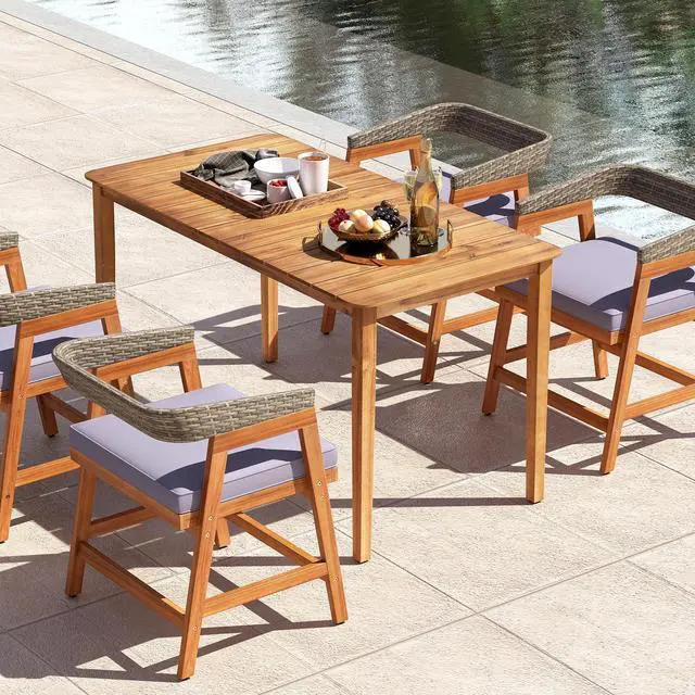 Alt view image 3 of 7 - SlickBlue 5 Piece Patio Dining Set Solid Wood with Rattan Backrest and Cushions