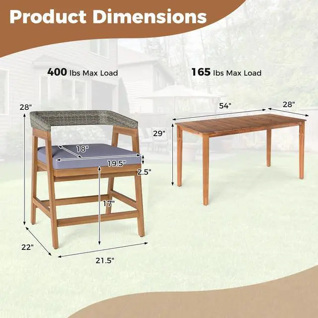 Alt view image 5 of 7 - SlickBlue 5 Piece Patio Dining Set Solid Wood with Rattan Backrest and Cushions