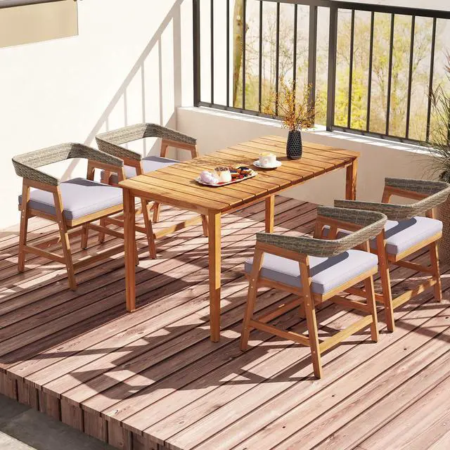 Alt view image 2 of 7 - SlickBlue 5 Piece Patio Dining Set Solid Wood with Rattan Backrest and Cushions