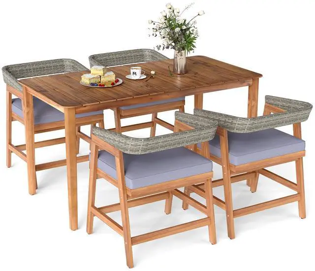 Alt view image 4 of 7 - SlickBlue 5 Piece Patio Dining Set Solid Wood with Rattan Backrest and Cushions
