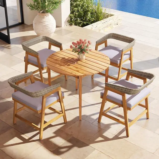 Alt view image 2 of 7 - SlickBlue 5 Pieces Patio Dining Set with Cushions and PE Rattan Backrest for Garden and Backyard