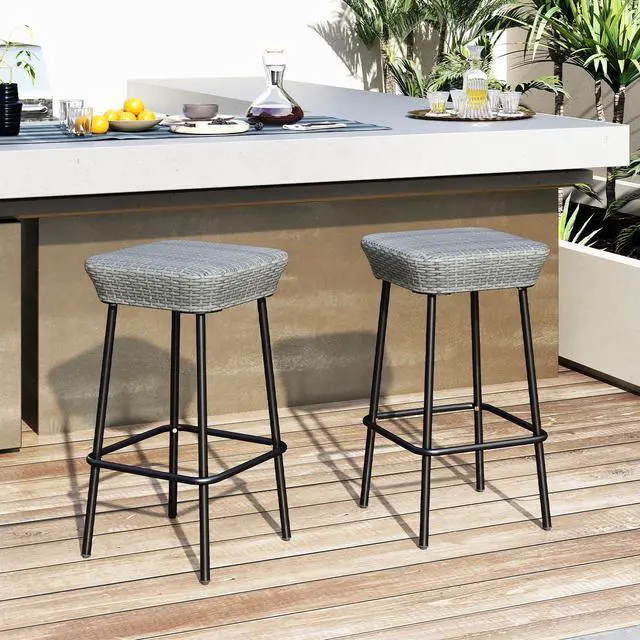 Alt view image 2 of 7 - SlickBlue Patio Bar Stools Set of 2 with Rattan Seat and Footrest