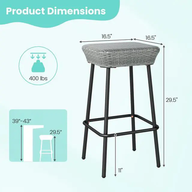 Alt view image 4 of 7 - SlickBlue Patio Bar Stools Set of 2 with Rattan Seat and Footrest