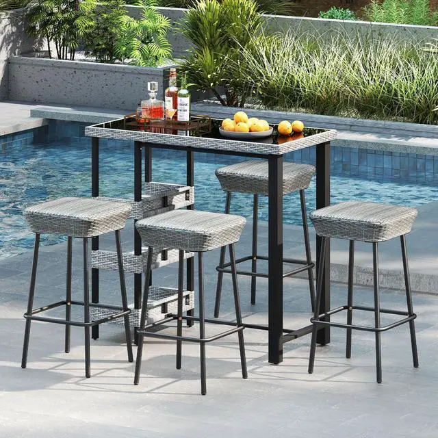 Alt view image 3 of 7 - SlickBlue Patio Bar Stools Set of 2 with Rattan Seat and Footrest